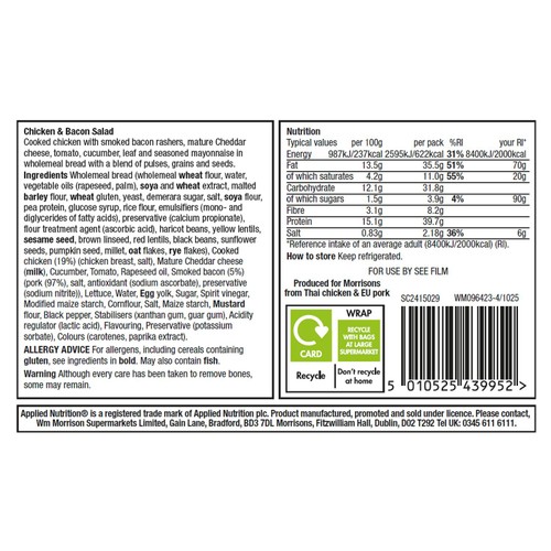 Applied Nutrition High Protein Chicken & Bacon Salad Sandwich  264g thumbnail 4