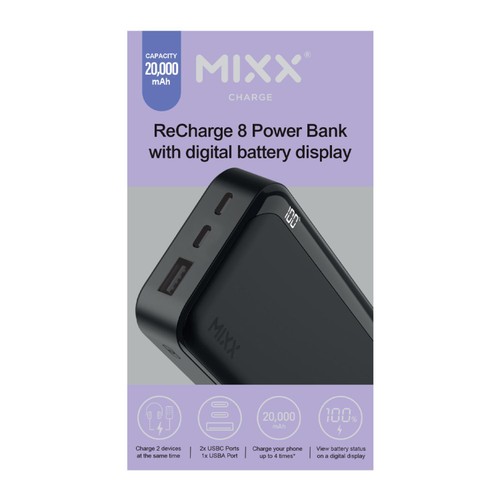 Mixx ReCharge 8 20000mAH 2 Port Black Power Bank