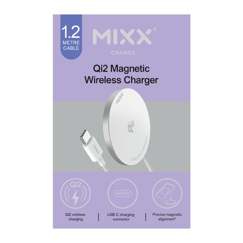 Mixx 1.2m Qi2 White Magnetic Wireless Charger