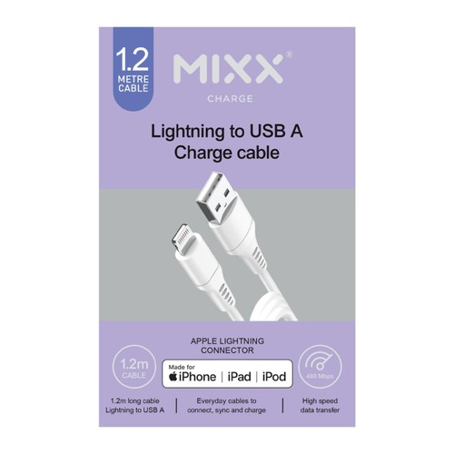 Mixx 1.2m Lightning to USB A White Charge Cable
