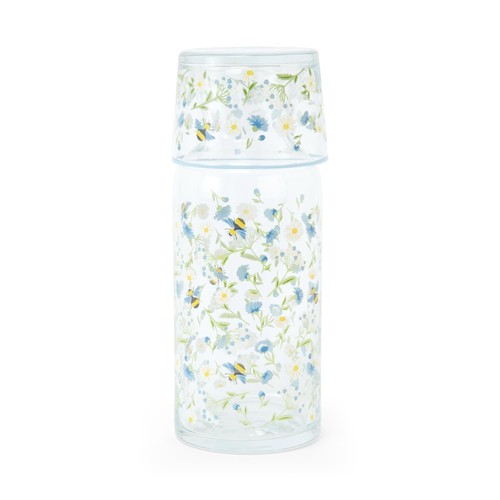 Nutmeg Home Bee Floral Carafe With Glass Lid And Blue Rim