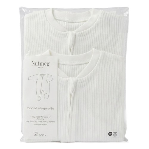 Nutmeg 12-18 Months White Zipped Sleepsuits 