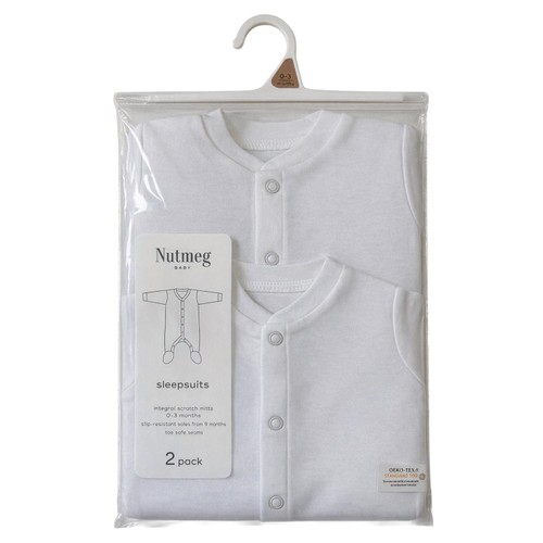 Nutmeg 0-1 Month White Popper Sleepsuits 2 pack  Long Sleeve