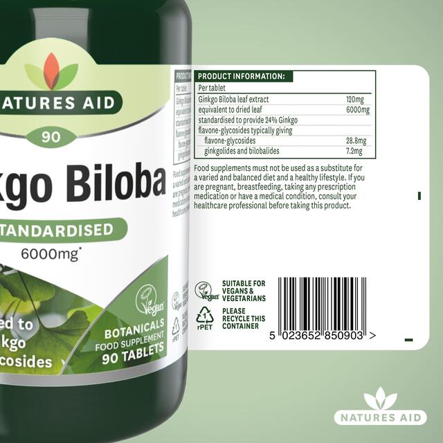 Natures Aid  Ginkgo Biloba Supplement Tablets 6000mg thumbnail 6
