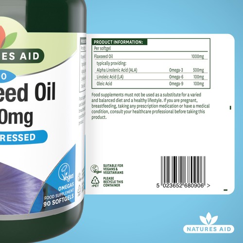 Natures Aid Vegetarian Flaxseed Oil 1000mg Capsules thumbnail 5