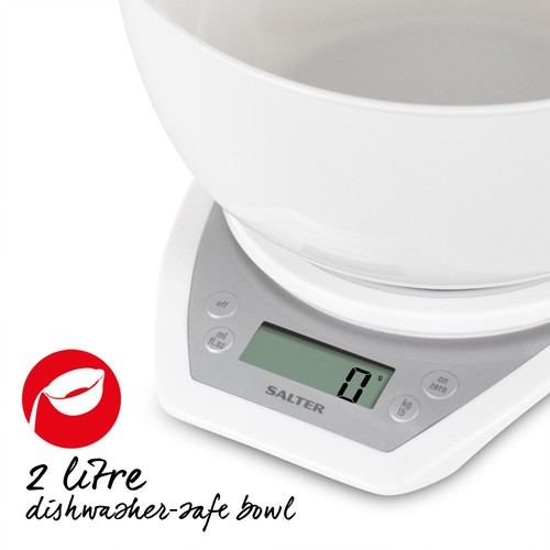 Salter Digital Kitchen Scales with Dual Pour Mixing Bowl, White thumbnail 4