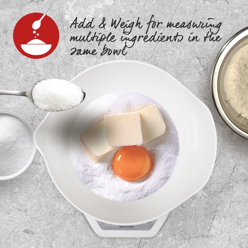 Salter Digital Kitchen Scales with Dual Pour Mixing Bowl, White thumbnail 5