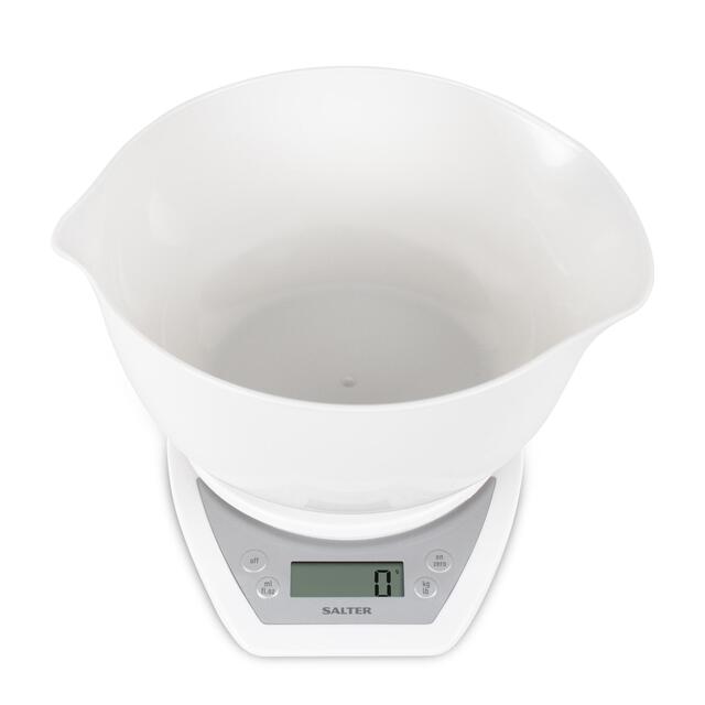 Salter Digital Kitchen Scales with Dual Pour Mixing Bowl, White thumbnail 2