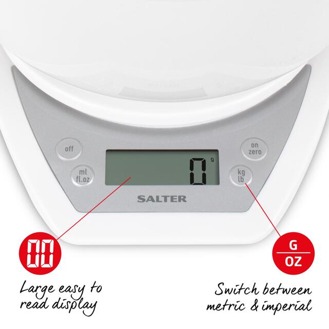 Salter Digital Kitchen Scales with Dual Pour Mixing Bowl, White thumbnail 3