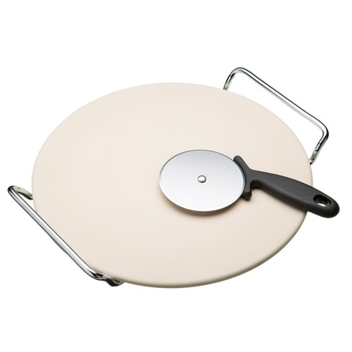 KitchenCraft World of Flavours 32cm Pizza Stone, Stand & Cutter Set