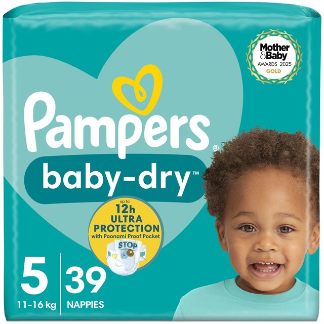 Pampers Baby-Dry Nappies, Size 5 (11-16kg) Essential Pack