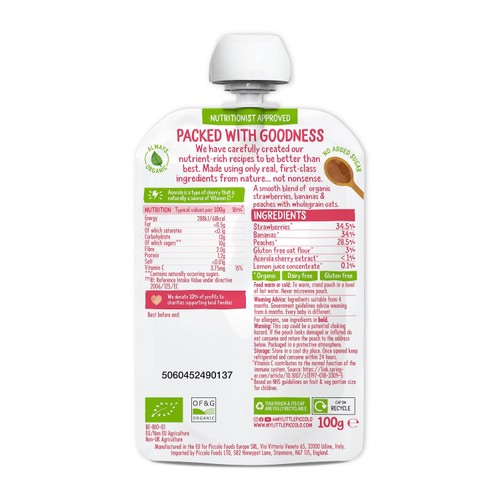 Piccolo Strawberry, Banana & Peach Organic Pouch, 4 mths+ thumbnail 2