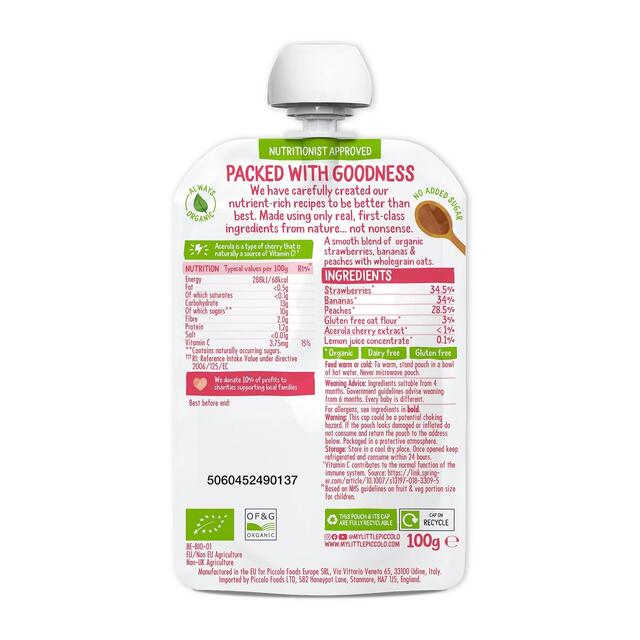 Piccolo Strawberry, Banana & Peach Organic Pouch, 4 mths+ thumbnail 2