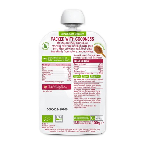 Piccolo Sweet Potato, Apple, Pear & Beetroot Organic Pouch, 4 mths+ thumbnail 2