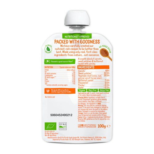 Piccolo Carrot, Sweet Potato, Butternut Squash Organic Pouch, 4 mths+ thumbnail 3
