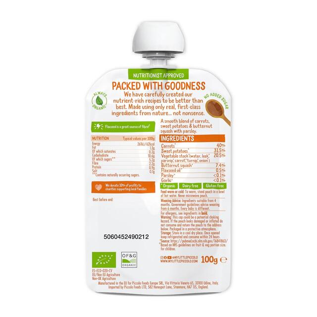 Piccolo Carrot, Sweet Potato, Butternut Squash Organic Pouch, 4 mths+ thumbnail 2