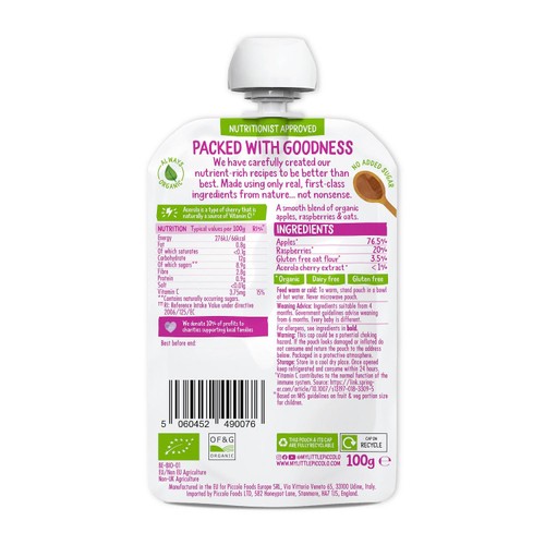 Piccolo Apple & Raspberry Organic Pouch, 6 mths+ thumbnail 2