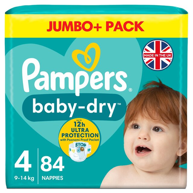 Pampers Baby-Dry Nappies, Size 4 (9-14kg) Jumbo+ Pack