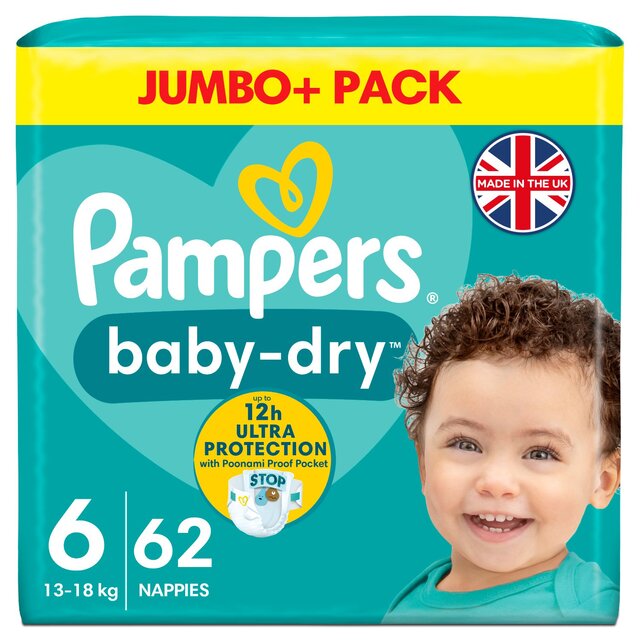 Pampers Baby-Dry Nappies, Size 6 (13-18kg) Jumbo+ Pack