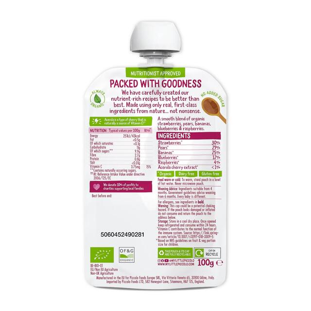 Piccolo Blushing Berries, Pear & Banana Organic Pouch, 4 mths+ thumbnail 2