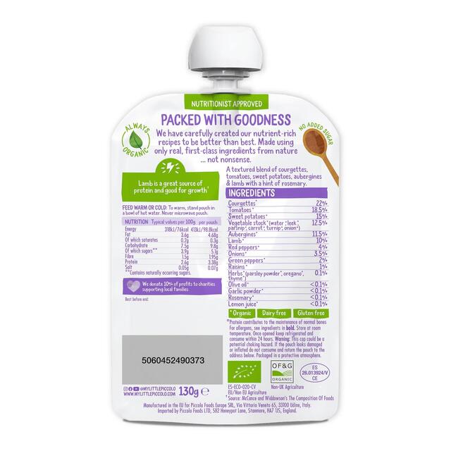 Piccolo Roast Lamb Dinner & Vegetables Organic Pouch, 7 mths+ thumbnail 2
