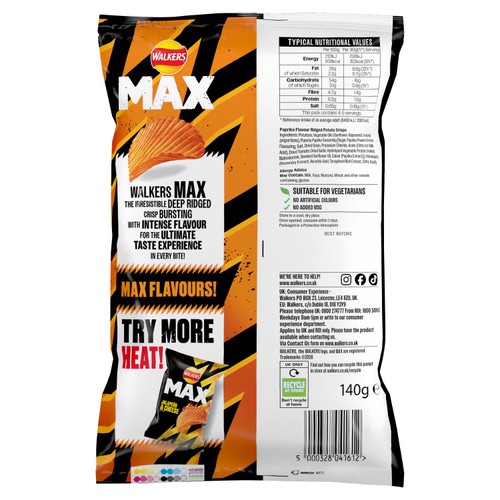 Walkers Max Punchy Paprika Sharing Bag Crisps thumbnail 2