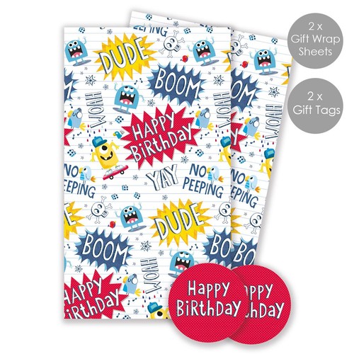 Birthday Monsters Gift Wrap Sheets & Tags