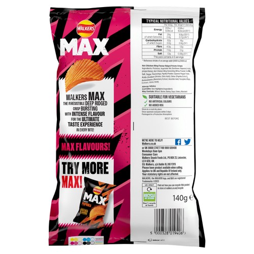 Walkers Max Strong Hot Chicken Wings Sharing Bag Crisps thumbnail 2