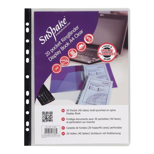 Snopake Ring Binder Plastic Wallets, 20 Pocket Display Book, A4, Clear