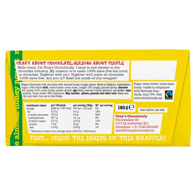 Tony's Chocolonely Milk Chocolate 32% Almond Honey Nougat thumbnail 2