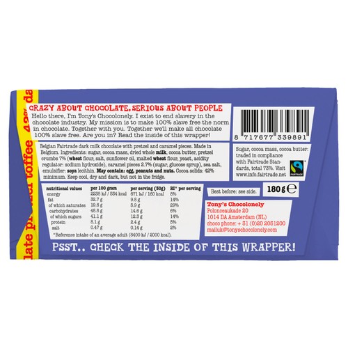 Tony's Chocolonely Dark Milk Chocolate Pretzel Toffee 42% thumbnail 2