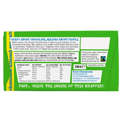 Tony's Chocolonely Dark Chocolate 51% Almond Sea Salt thumbnail 2