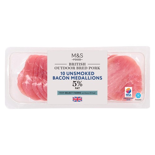 M&S British Outdoor Bred 10 Unsmoked Bacon Medallions Less than 5% Fat