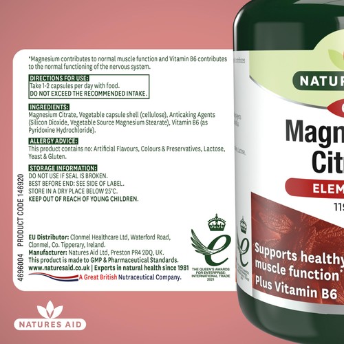 Natures Aid Magnesium Citrate Supplement Capsules 119mg thumbnail 5