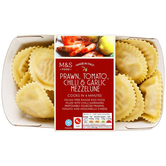 M&S Mezzelune Pasta with Prawns, Tomato, Chilli & Garlic