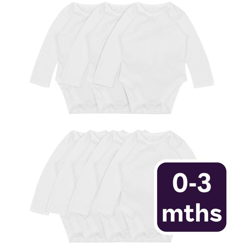 M&S Baby Cotton Long Sleeve Bodysuits, White, 0-3 Months  