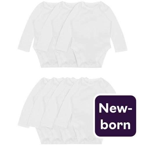 M&S Baby Cotton Long Sleeve Bodysuits, White, Newborn