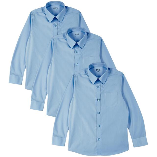 M&S 3pk Regular Fit Easy Iron Shirts, 3-14 Years, Blue