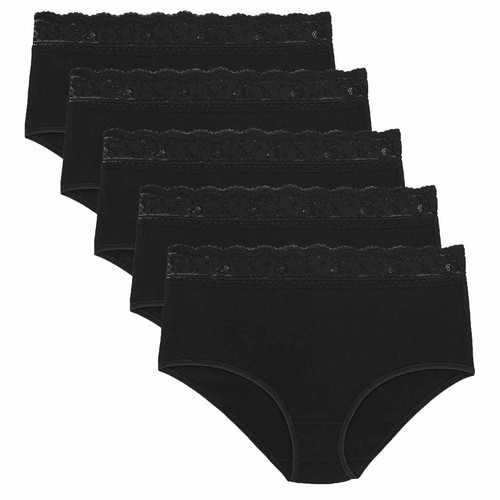 M&S Collection Cotton Lycra & Lace Full Briefs, Size 16, Black