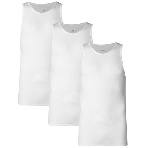 M&S Mens 3 Pack Pure Cotton Sleeveless Vests, L, White
