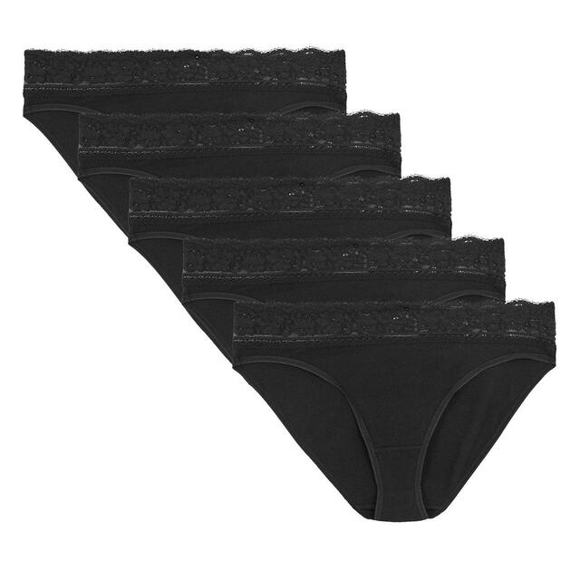M&S 5pk High Leg Cotton Lycra & Lace Knickers, Size 8-18, Black