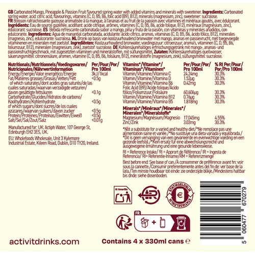 Activit Sparkling Vitamin Water Mango & Passionfruit thumbnail 4