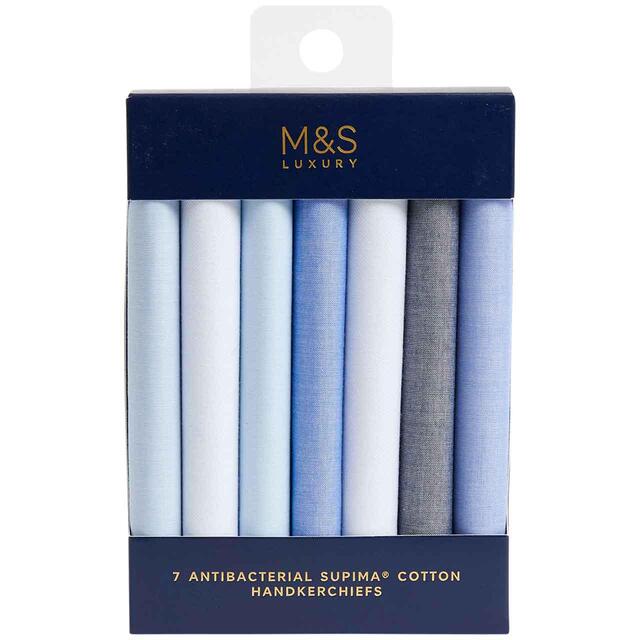 M&S 7Pk Antibacterial Premium Cotton Handkerchiefs Blue Mix