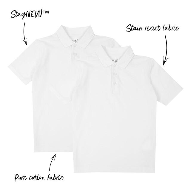 M&S Boys 2pk Stain Resist School Polo Shirts, 3-14 Years, White thumbnail 3