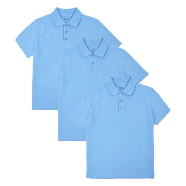 M&S 3pk Pure Cotton School Polo Shirts, 3-12 Years, Blue thumbnail 2