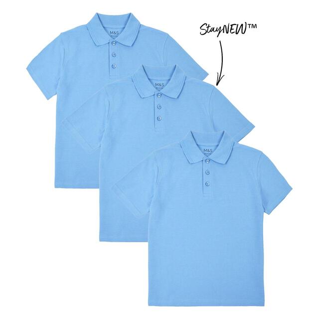 M&S 3pk Pure Cotton School Polo Shirts, 3-12 Years, Blue thumbnail 3