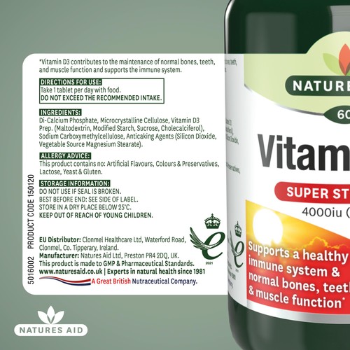 Natures Aid Super Strength Vitamin D3 Tablets 4000iu  thumbnail 5