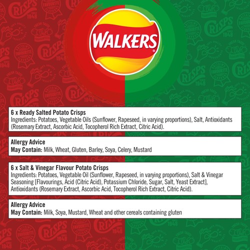 Walkers Ready Salted, Salt & Vinegar Variety Multipack Crisps thumbnail 3