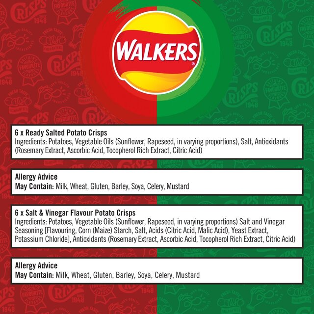Walkers Ready Salted, Salt & Vinegar Variety Multipack Crisps thumbnail 4