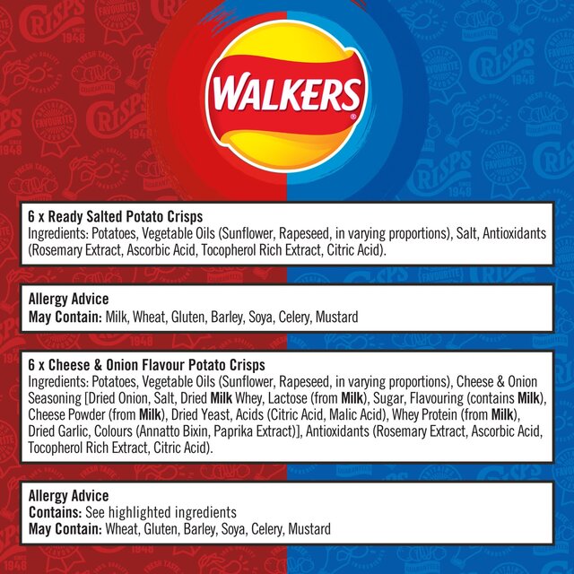 Walkers Ready Salted, Cheese & Onion Variety Multipack Crisps thumbnail 5